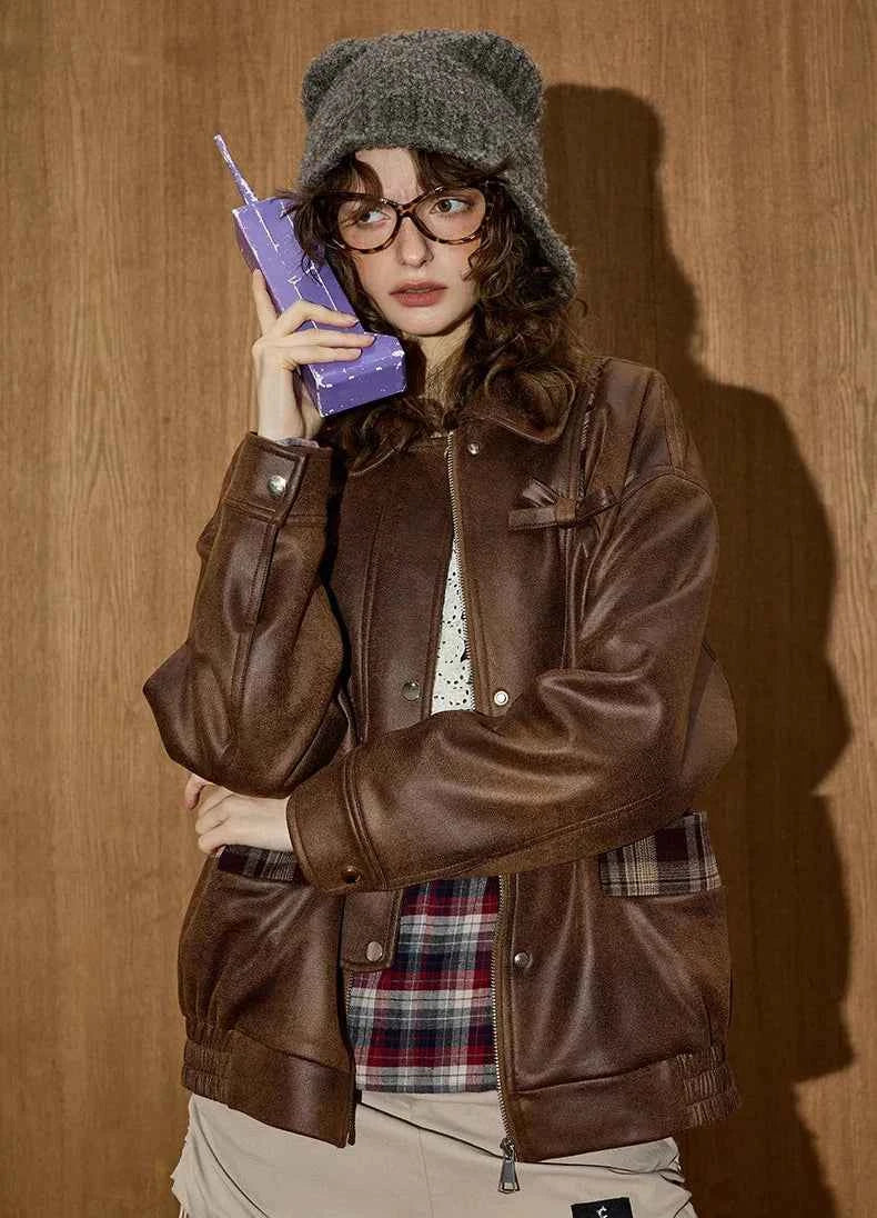 Retro Versatile Plaid Patchwork Leather Jacket