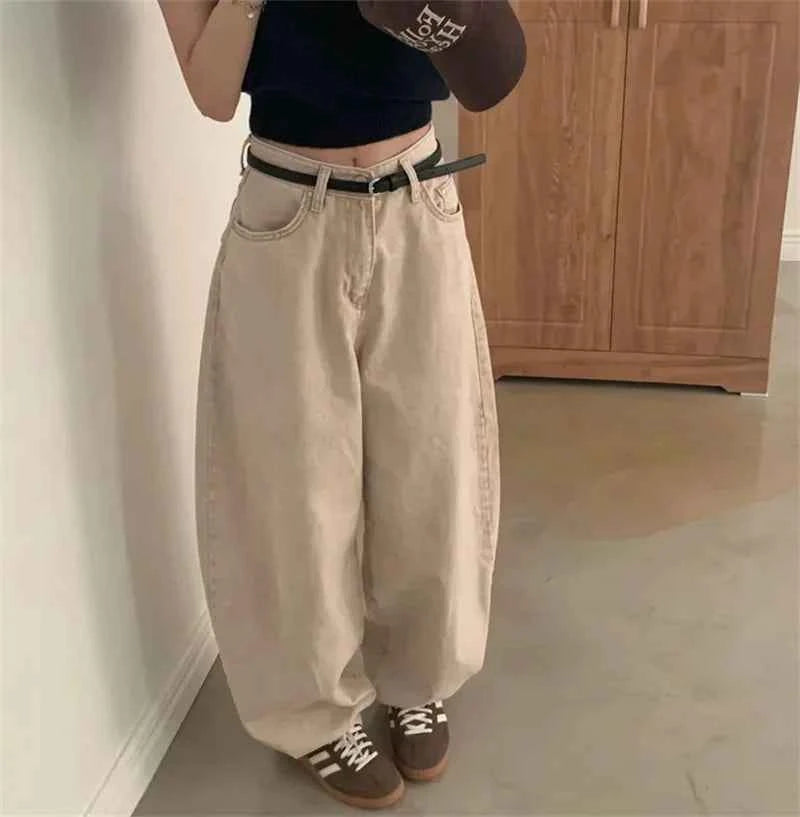 Women Retro High Waist Washed Loose Jeans