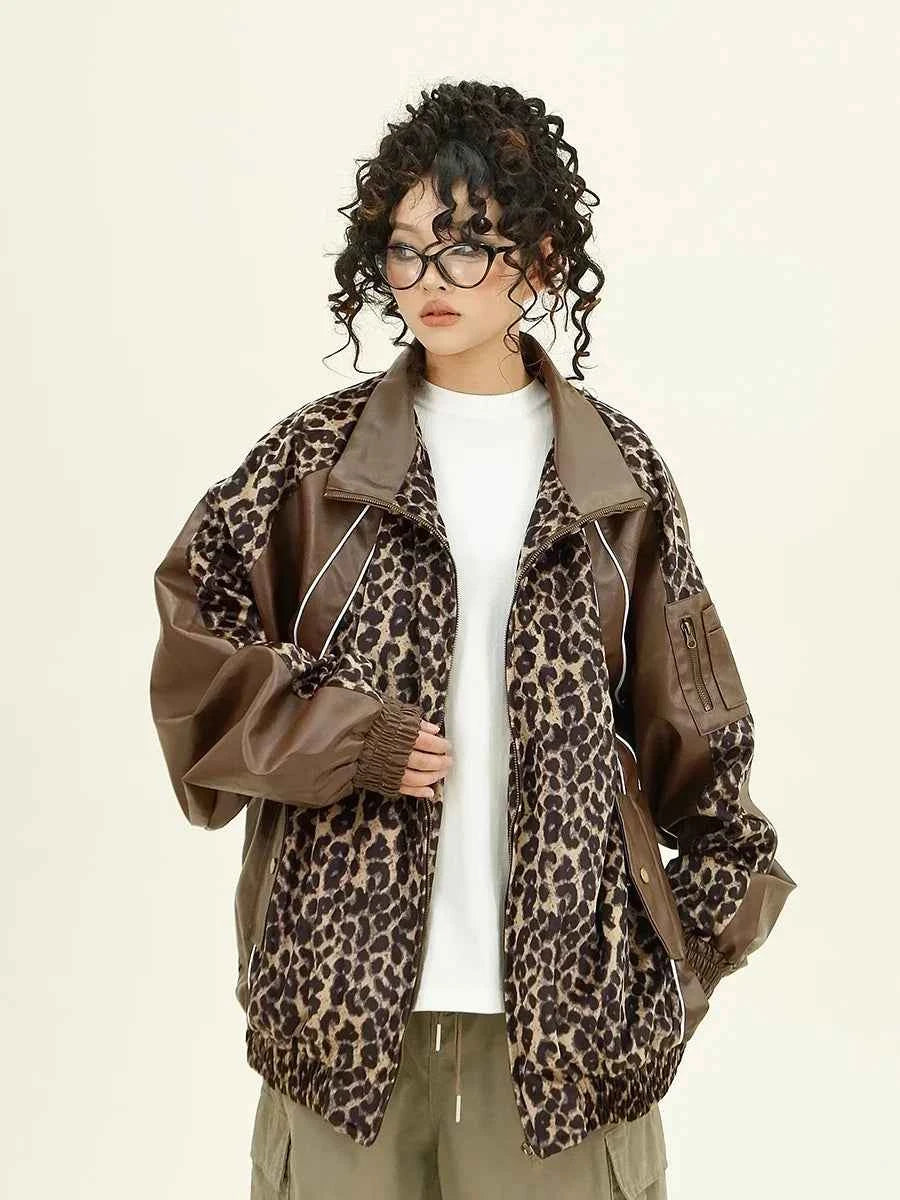 Leopard Print Splicing PU Leather Jacket