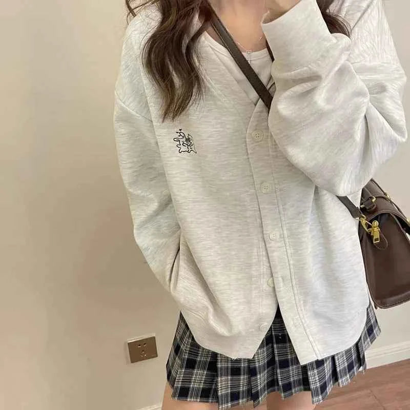 Women Casual Cute Chic Gray V-Neck Button Cardigan