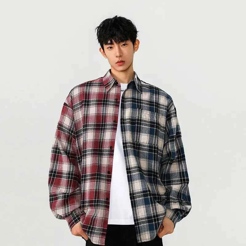 Streetwear Stylish Two Color Plaid Patchwork Cotton Long Shirt
