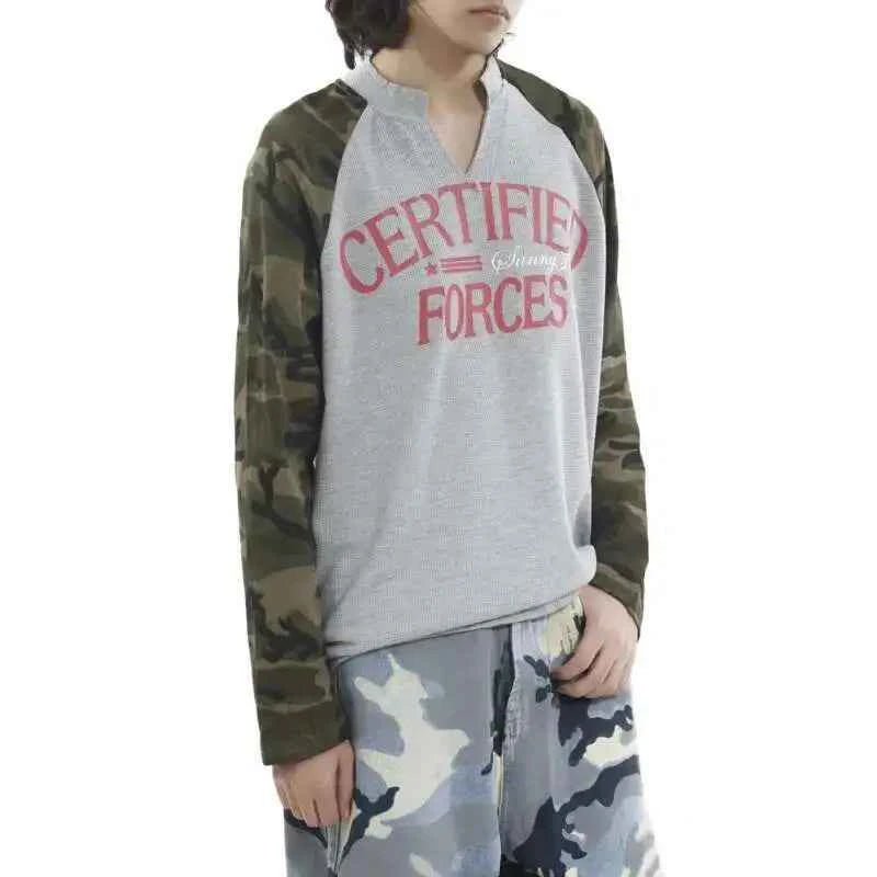 Vintage Camo Henley Collar Long T-Shirt