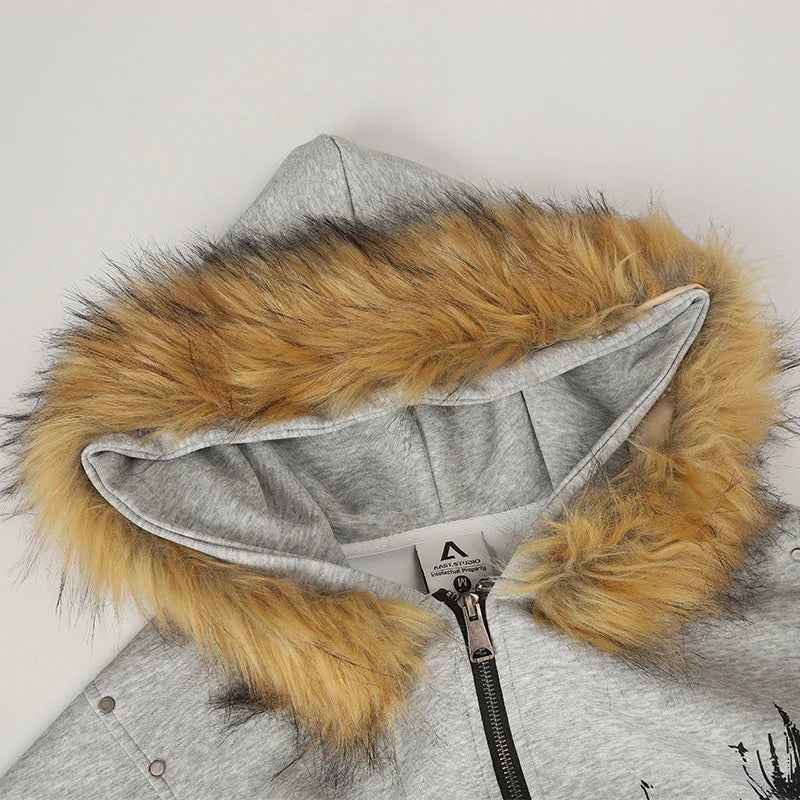 Y2K Retro Graffiti Zip-Up Fur-Collar Hooded Sweatshirt