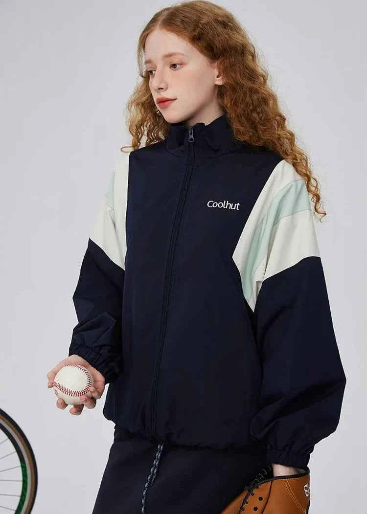 Warm Color Block Stand Collar Windbreaker Jacket