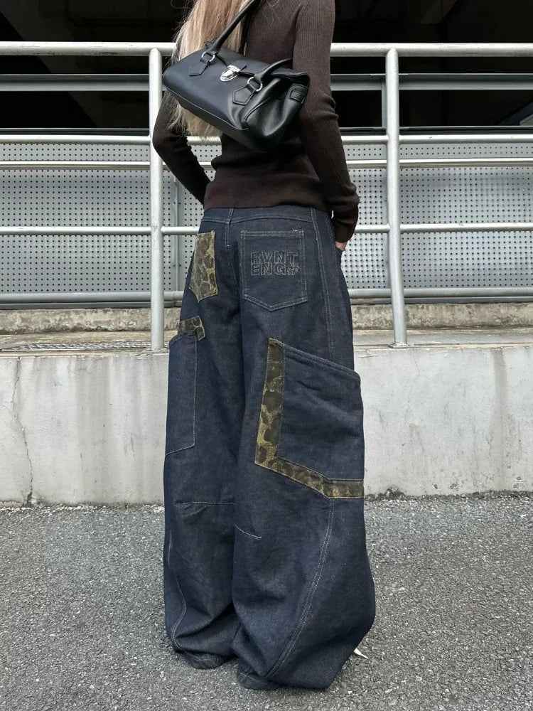 Chic Leopard Spliced Hip Hop Cargo Jeans