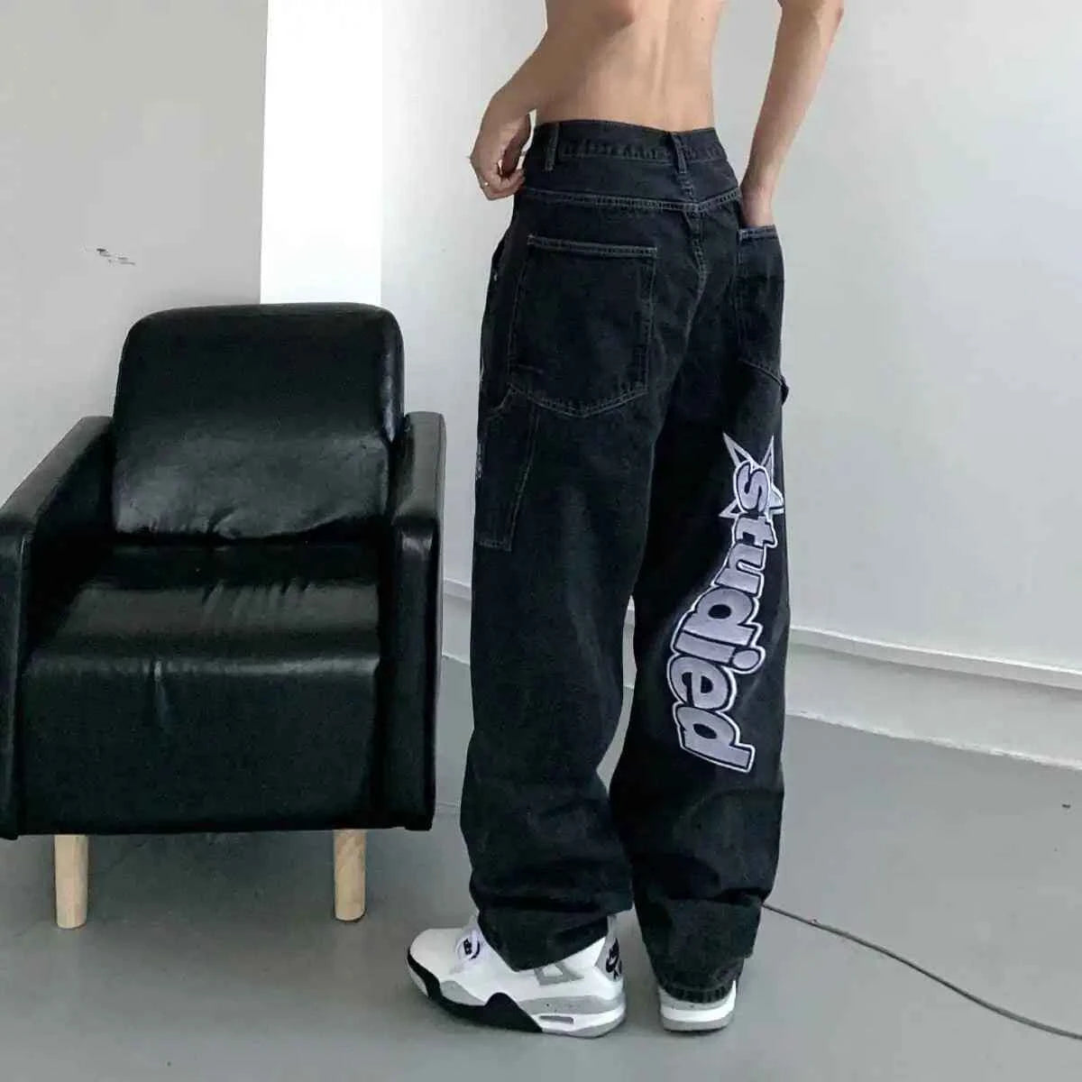 Retro Hip Hop Letter Print Denim Straight Leg Jeans