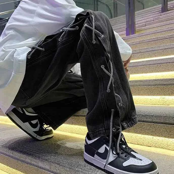 Y2K Streetwear Cool Black Lace-Up Baggy Jeans