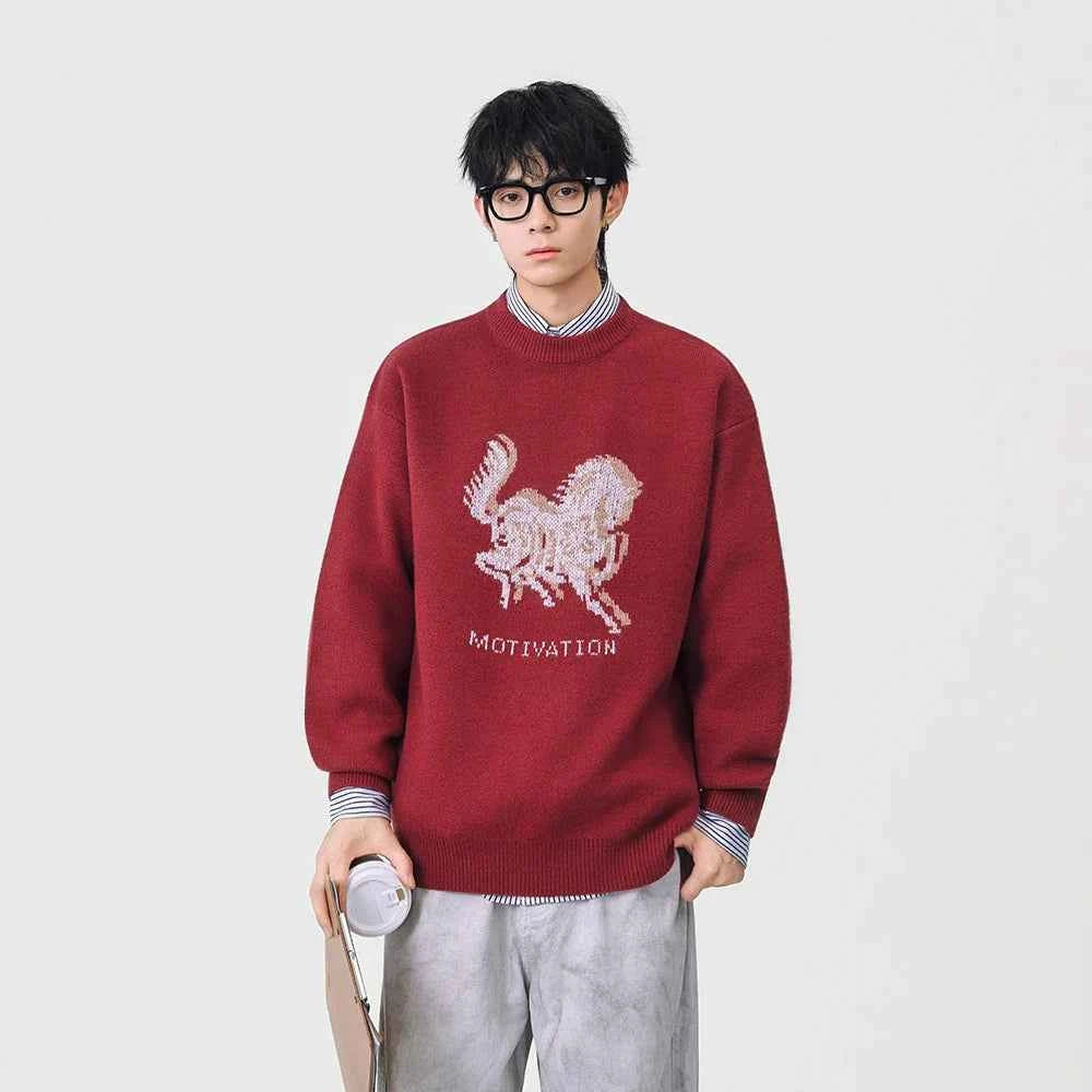 Cozy Horse Print Crew Neck Classic Sweater