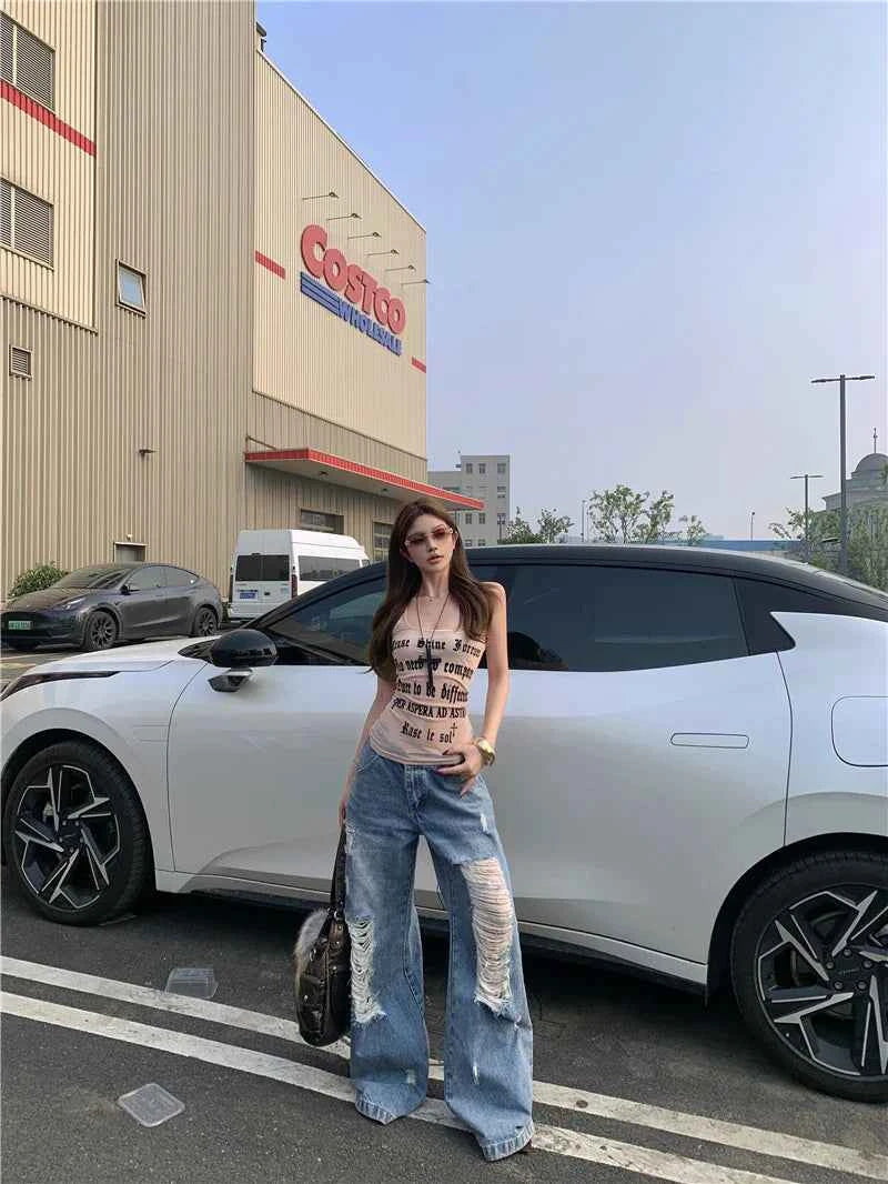 Women Essential Loose Straight Ripped Jeans