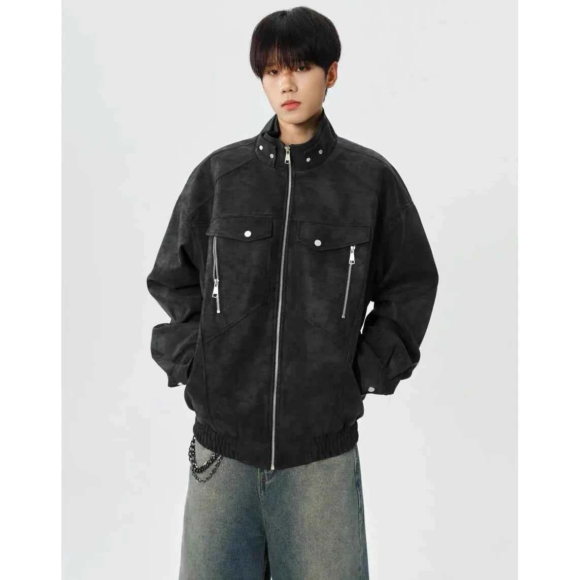 Solid Color Stand Collar Zipper Jacket