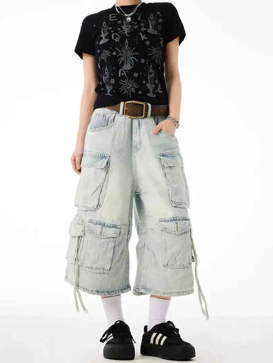 Vintage Washed Baggy Denim Calf-Length Jorts