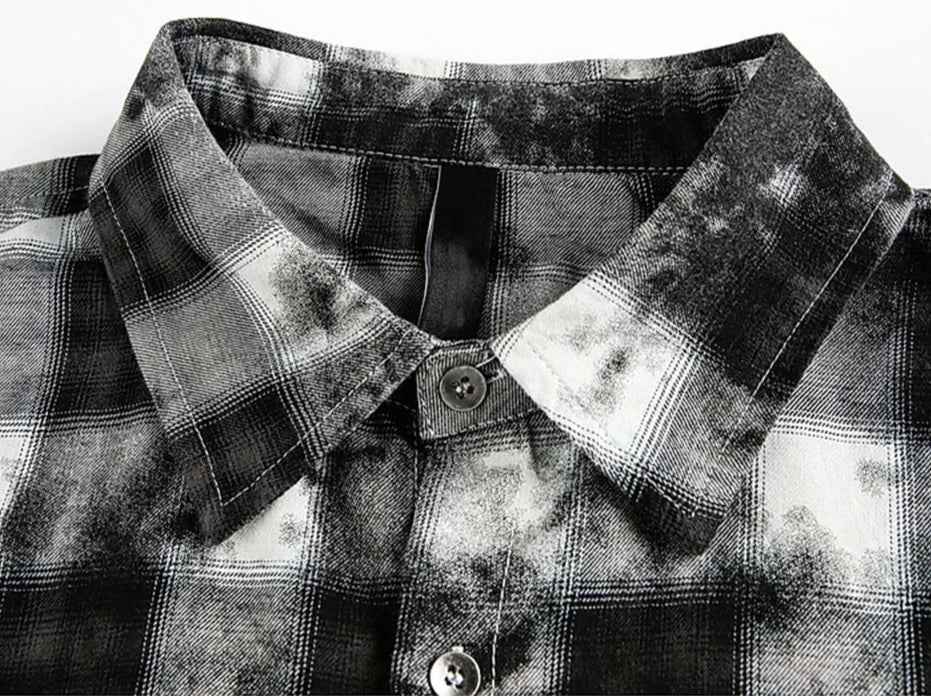 Streetwear Retro Plaid Distressed Tie Dye Long Sleeve Shirt