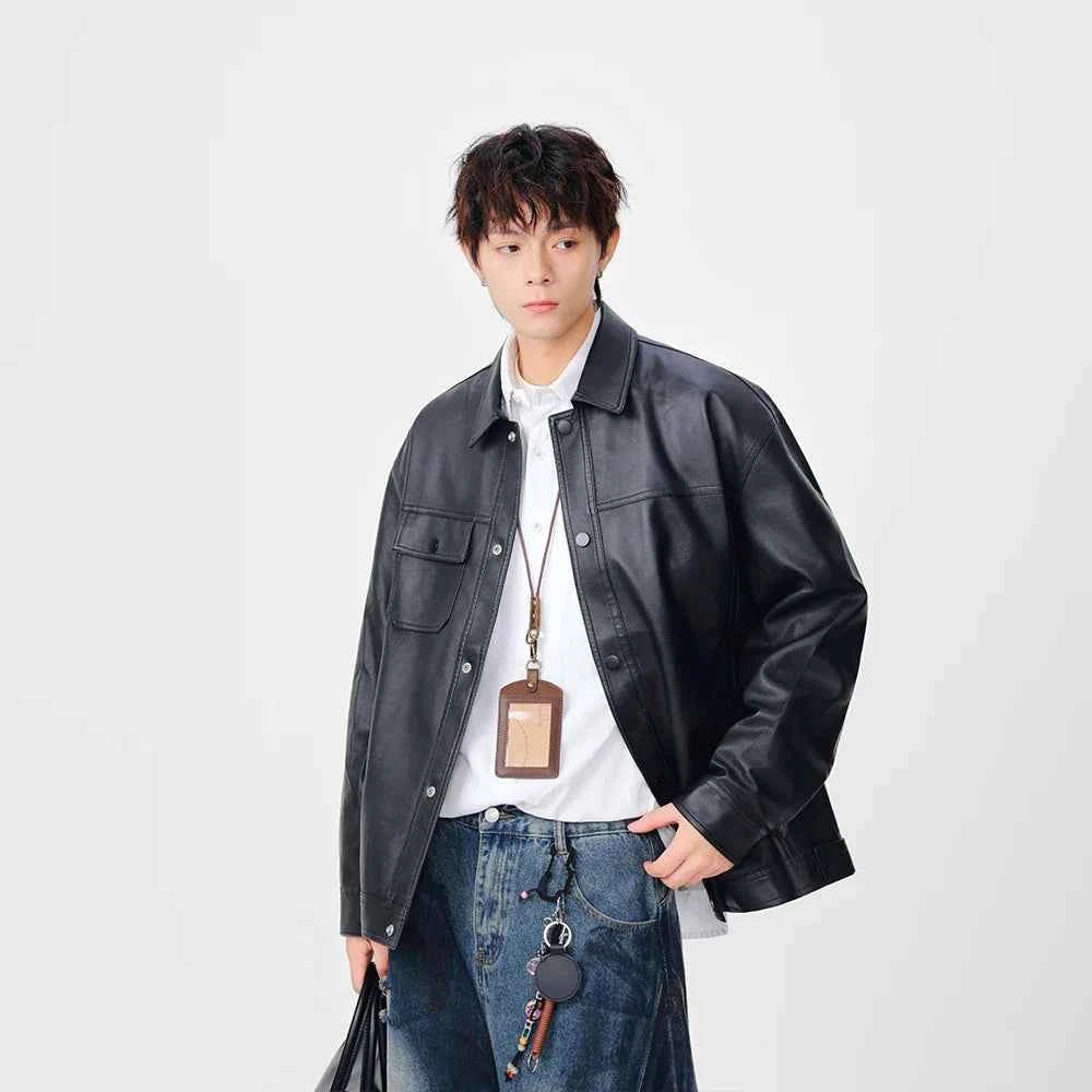 Trendy Faux Leather Lapel Button Jacket