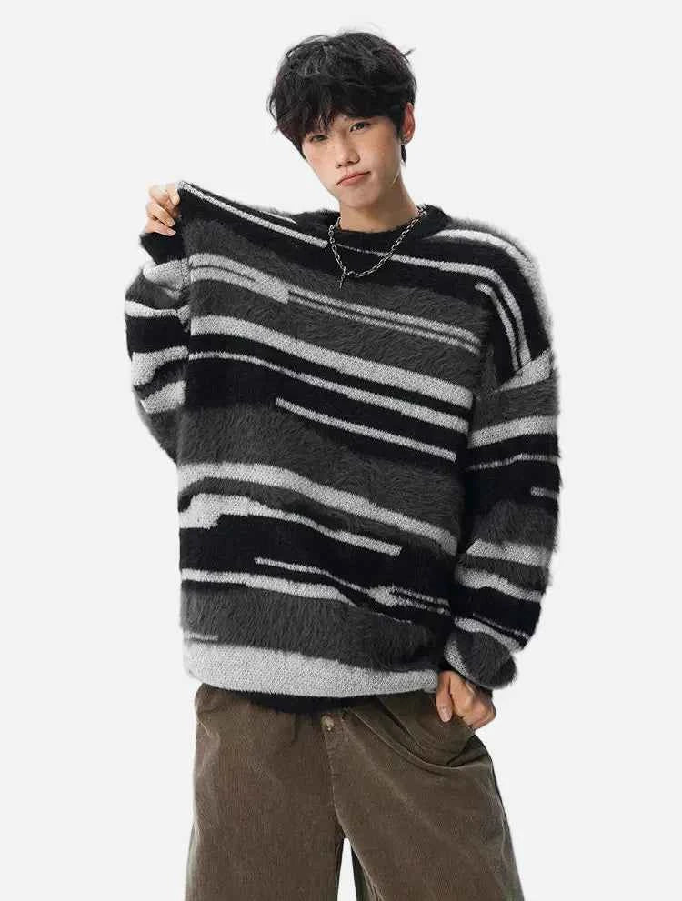 Streetwear Cozy fuzzy Striped Knit Sweater