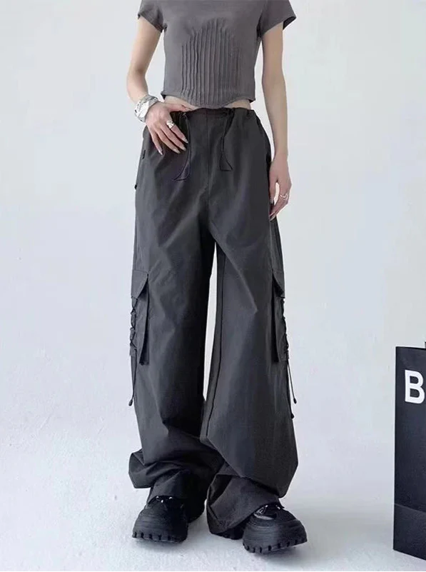 American Style Solid Pleated Wide Leg Cargo Pants - Luxuryurbanwear