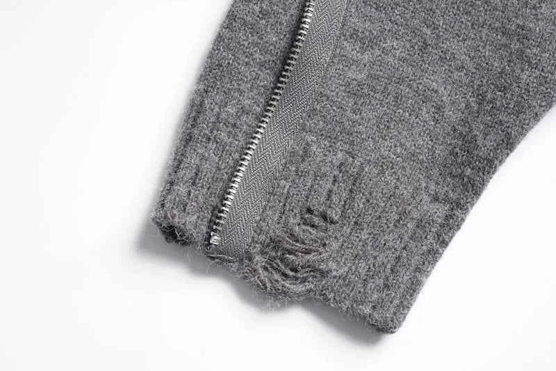 Streetwear Distressed Chain Detail Zipper Knit Sweater