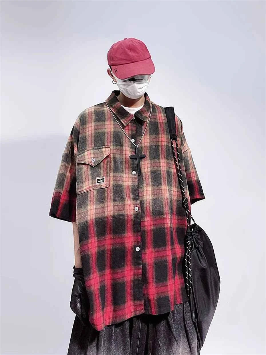 Vintage Gradient Plaid Cargo Hip Shirt
