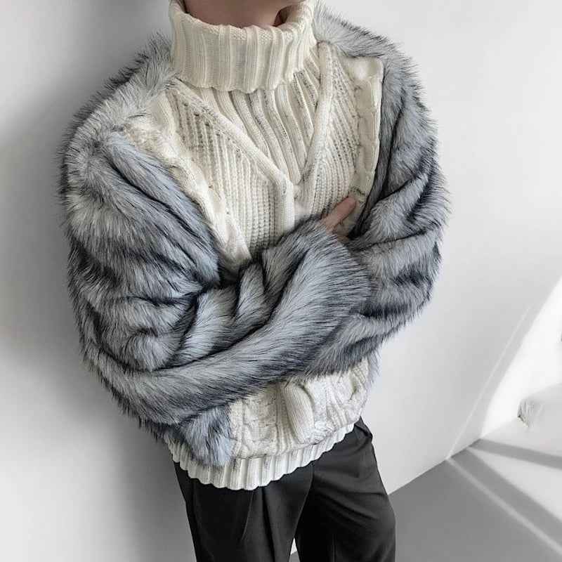 Luxury Faux Fur Patchwork Turtleneck Sweater