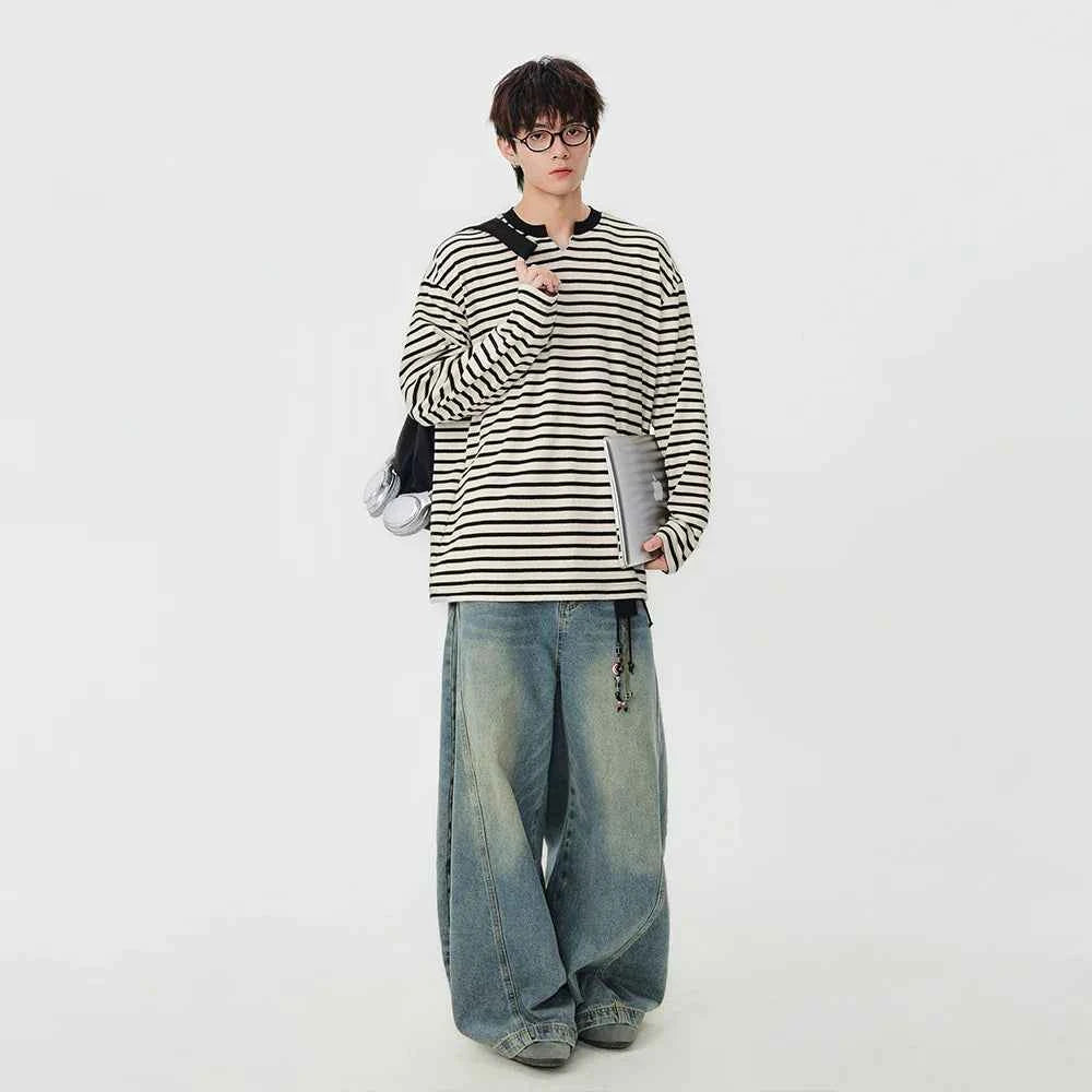 Striped Notch Neck Casual Long Sleeve T-Shirt