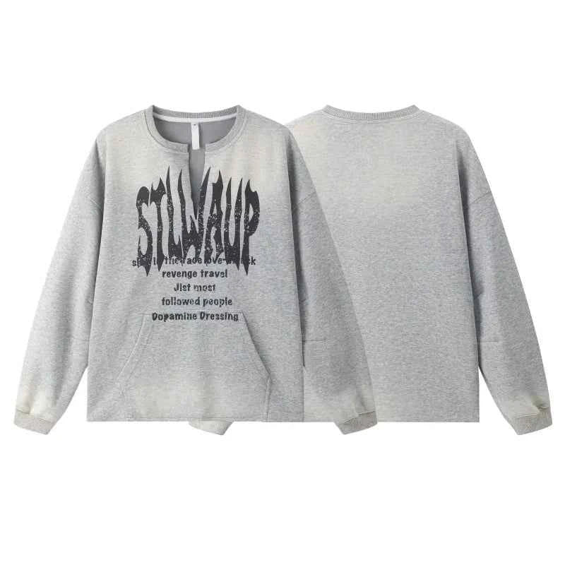 Y2K Retro Gray Letter Print Long Sleeve Shirt