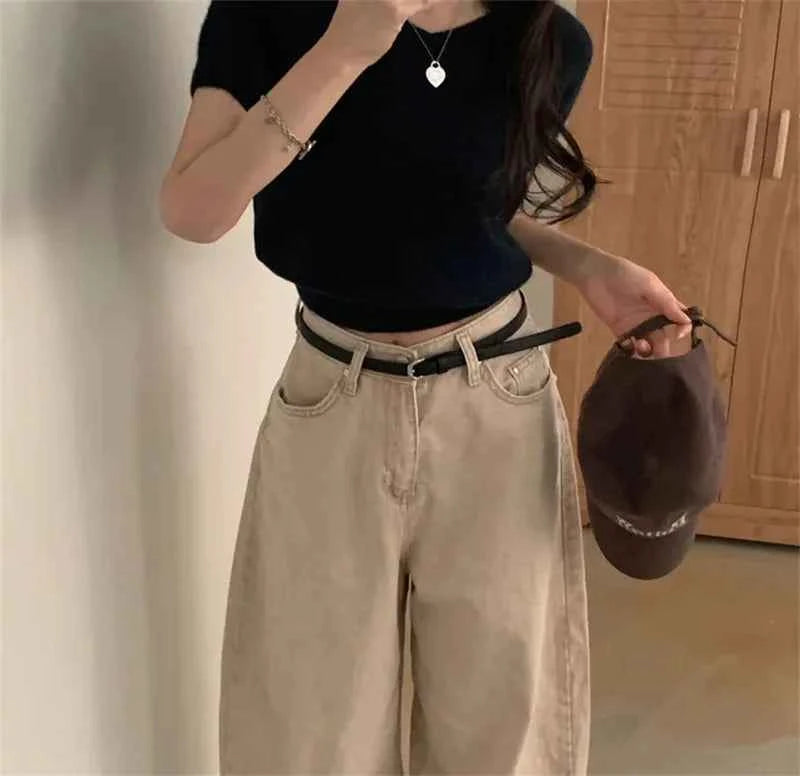 Women Retro High Waist Washed Loose Jeans