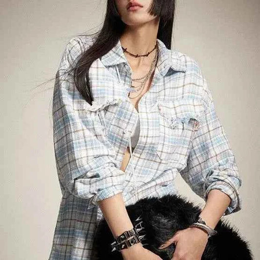 Blue Checkered Fringed Long Sleeved Shirt