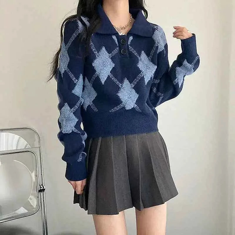 Vintage Turn-Down Collar Ulzzang Sweater - Retro Aesthetic Knitted Polo Pullover