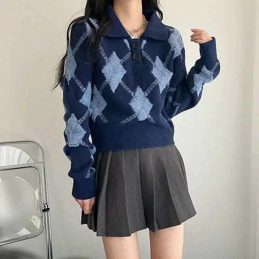 Vintage Turn-Down Collar Ulzzang Sweater - Retro Aesthetic Knitted Polo Pullover