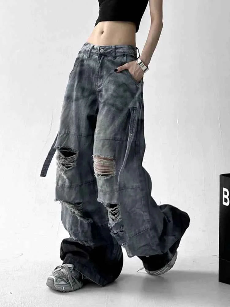 Cyber Grunge Washed White Baggy Jeans