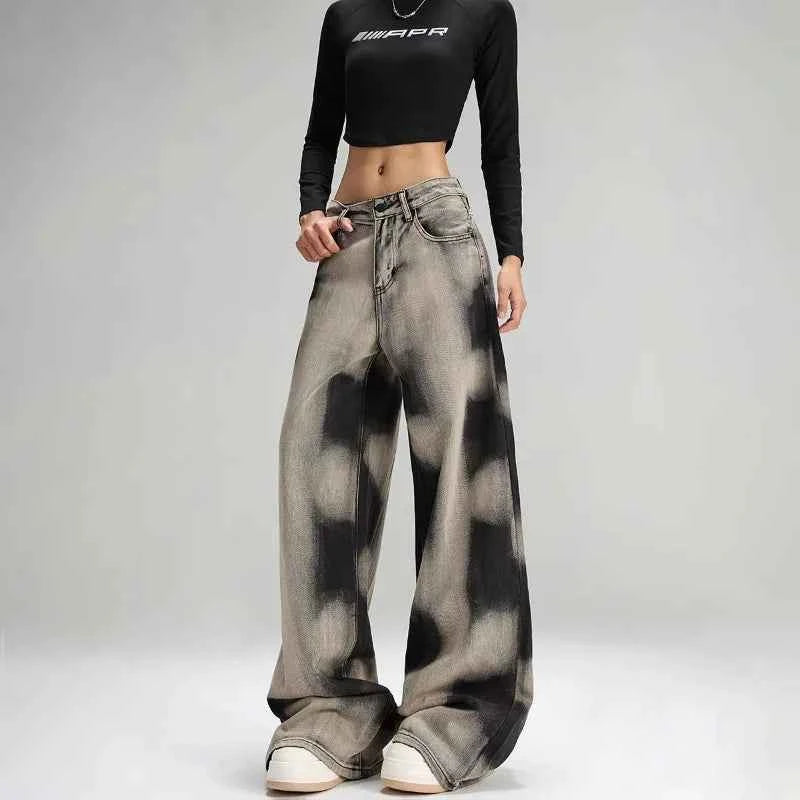 Women Vintage Grey Tie Dye Baggy Jeans