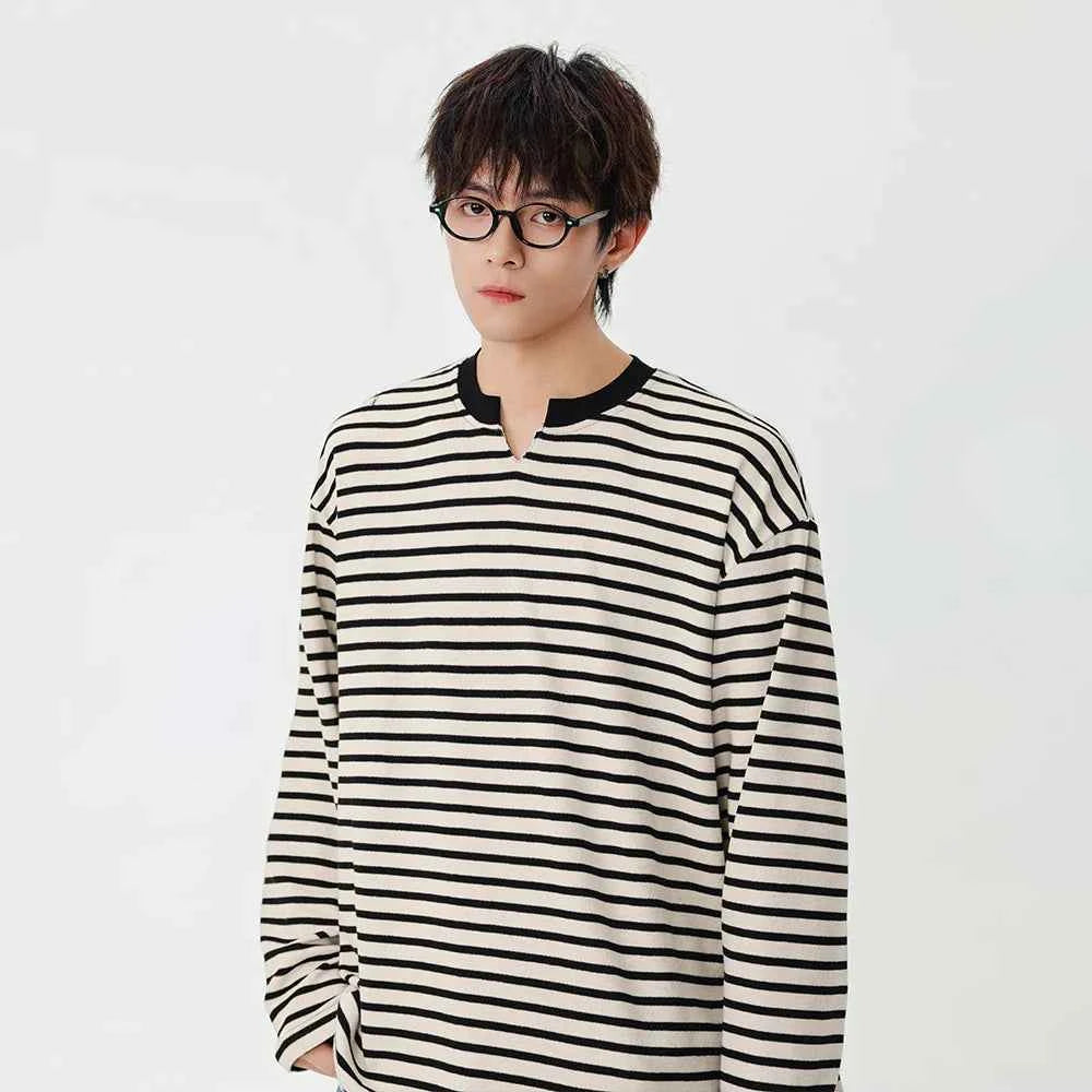 Striped Notch Neck Casual Long Sleeve T-Shirt