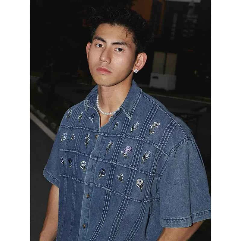 Men's Embroidered Denim Short Sleeve Shirt