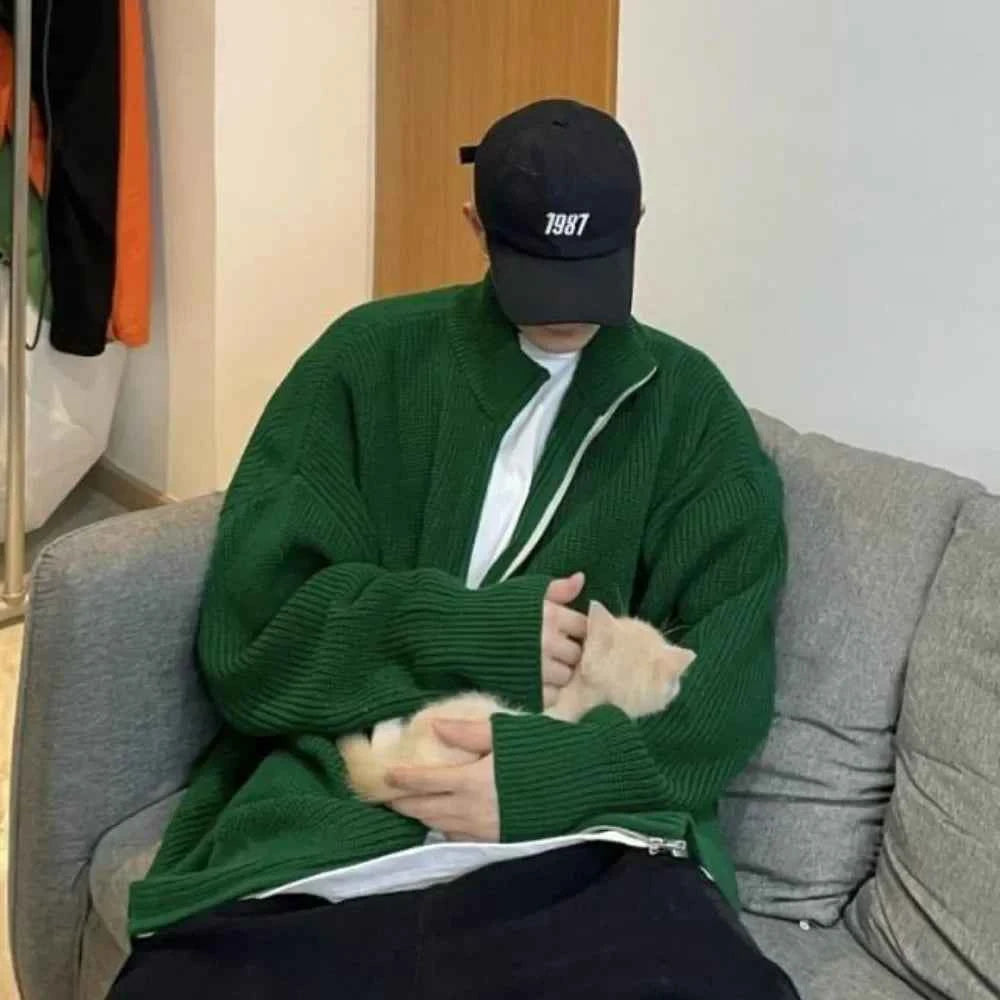 Y2K Green Knit Collared Zip-Up Sweater