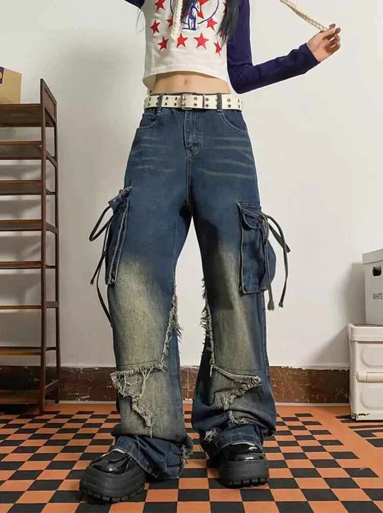 Women Retro Vintage Lace Up High Waist Jeans