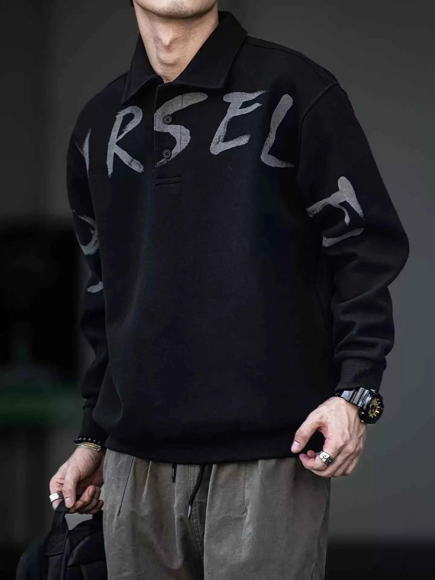 Oversized Letter Print Black Polo Sweatshirt