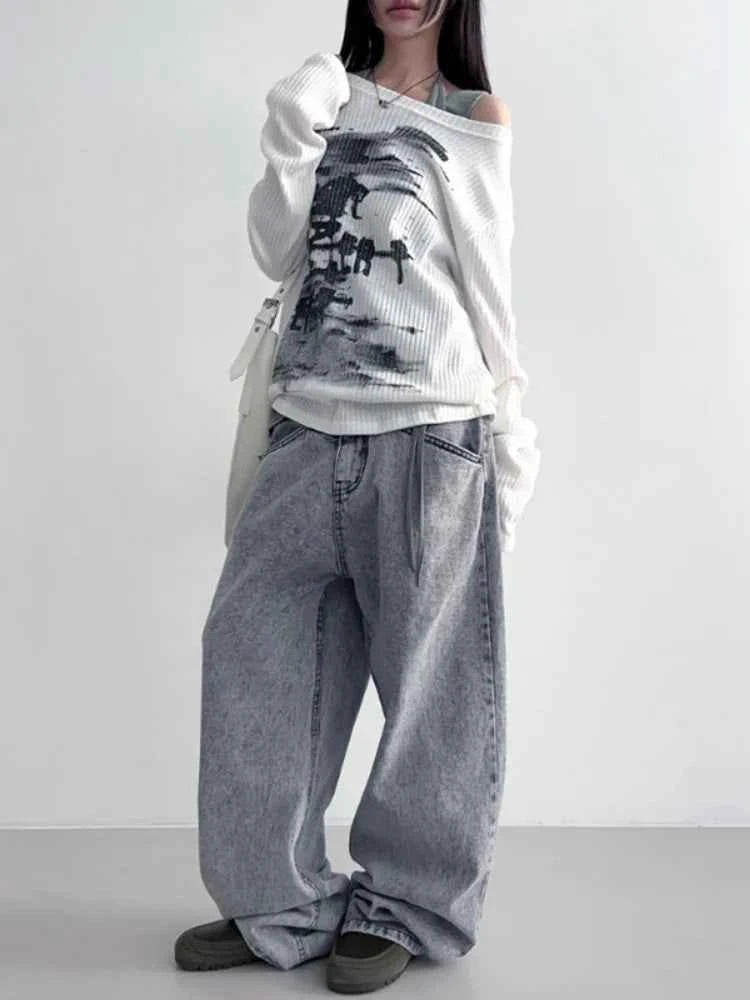 Sweet Grunge Collar Printing Long Sleeve T-Shirt