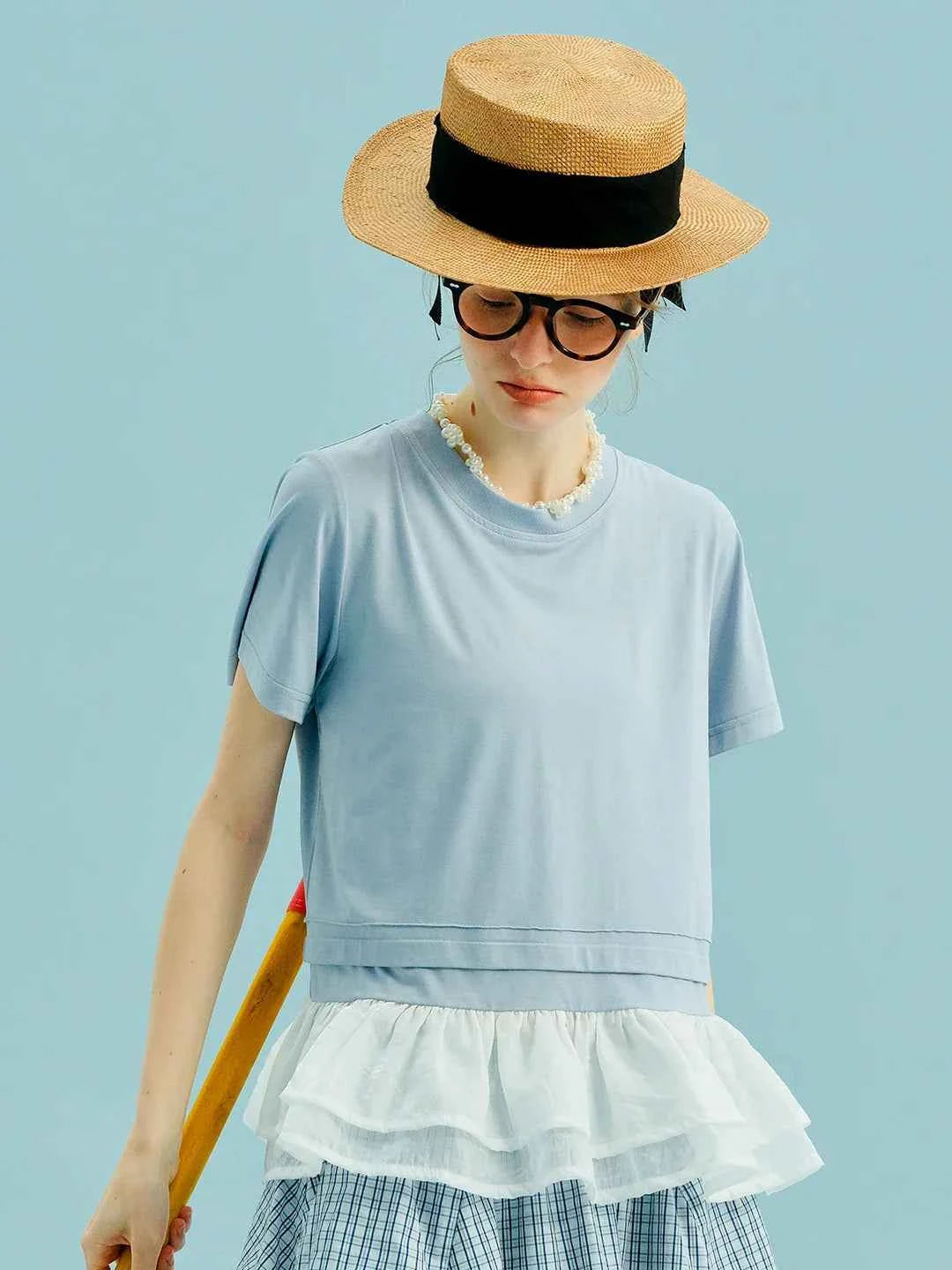 Light Blue Ruffle Hem Boho T-Shirt