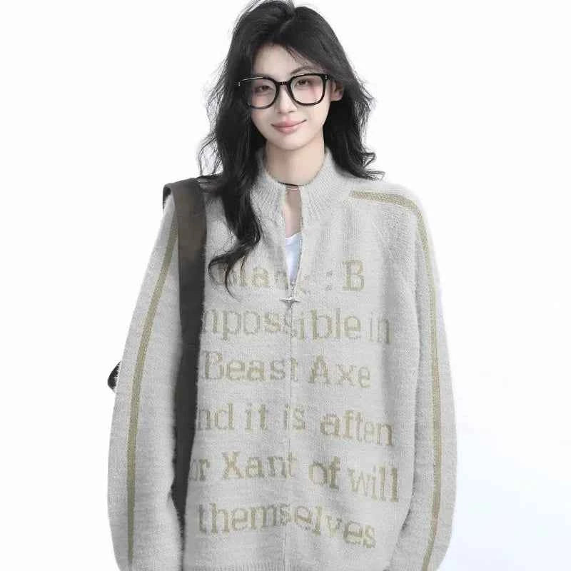 Vintage Knitted Stand Collar Zipper Cardigan