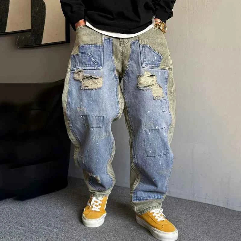 Distressed Stretch Comfort Straight Spliced Casual Jeans