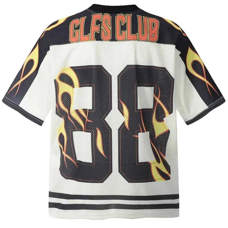 Streetwear Flame Graphic Mesh Jersey Sport T-Shirt
