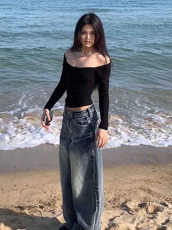 Versatile Streetwear Blue High Waisted Wide Leg Jeans