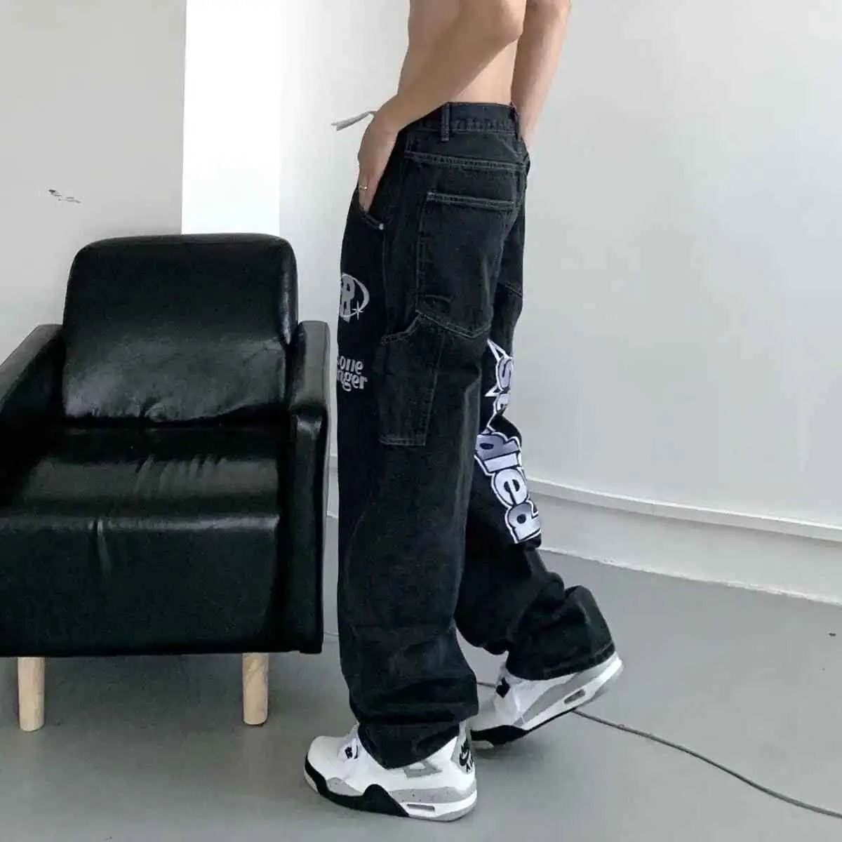 Retro Hip Hop Letter Print Denim Straight Leg Jeans