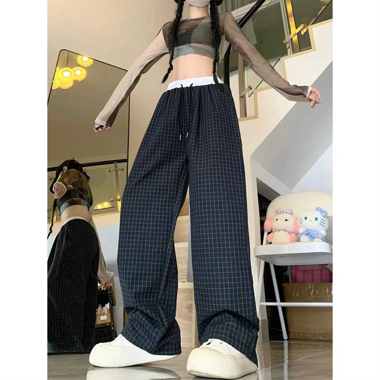Minimal Street Fit Retro Plaid Wide Leg Sweatpants