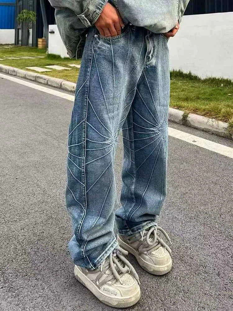 Blue Washed Gothic Punk Embroidered Jeans