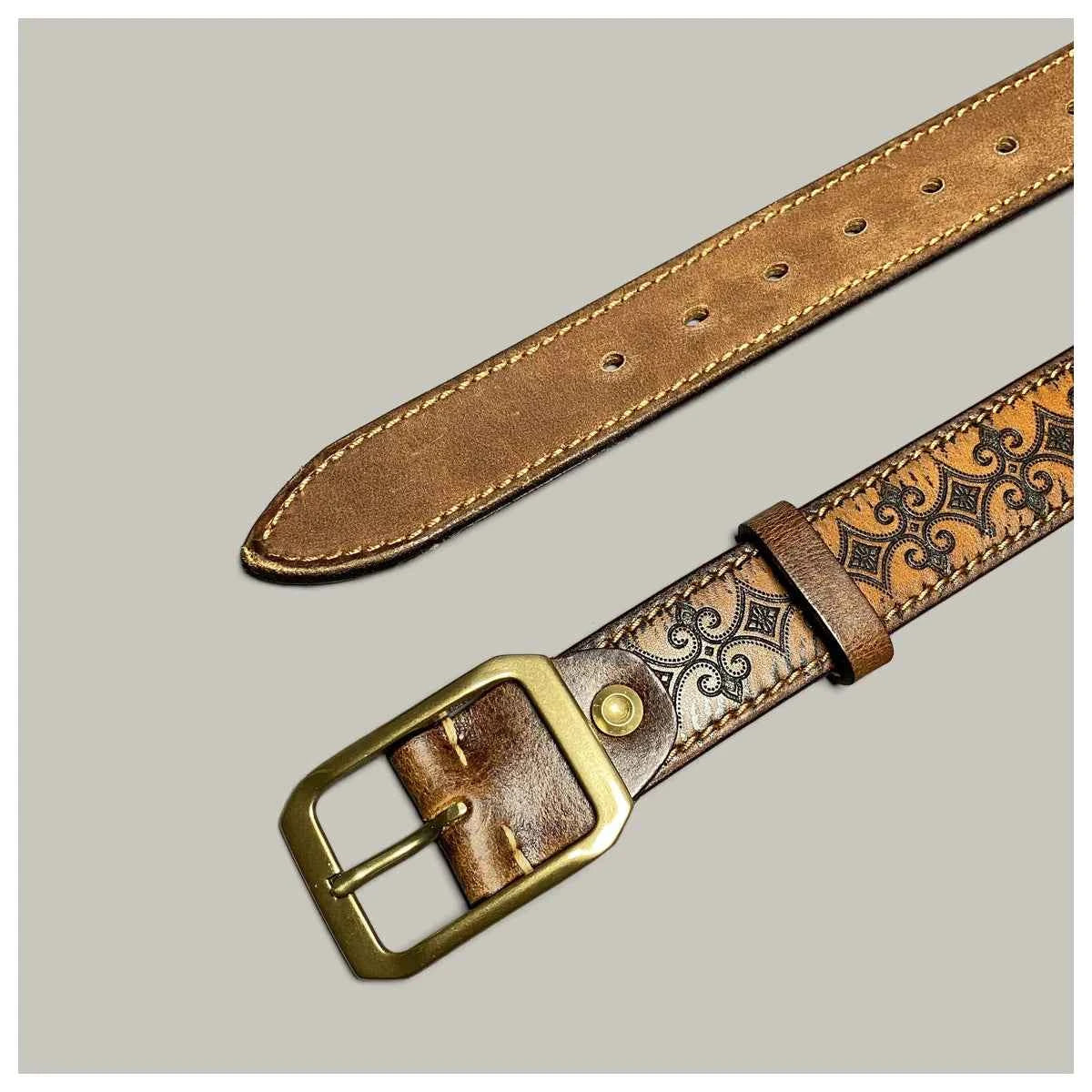 Retro Handmade Brown Leather Engraved Belt
