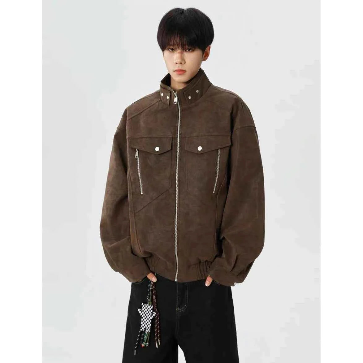 Solid Color Stand Collar Zipper Jacket