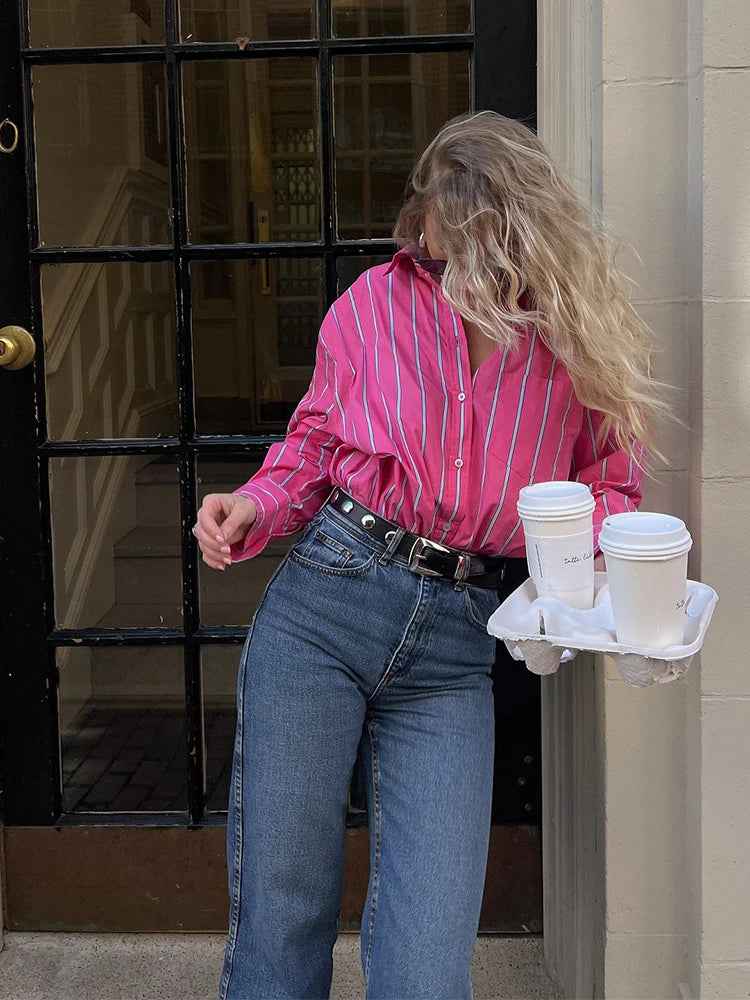 Women Streetwear Pink Striped Chic Long Sleeve Shirt