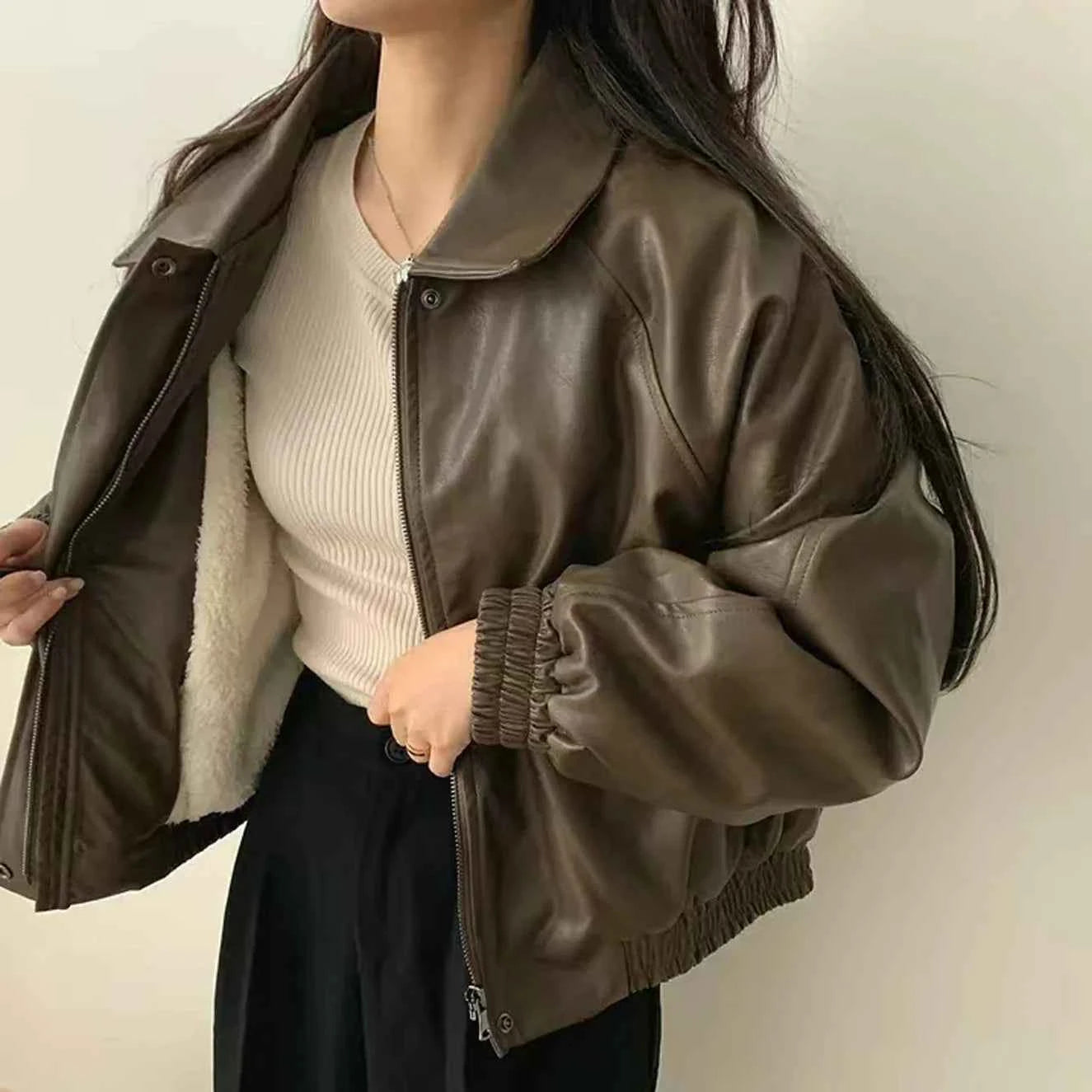 Warm Retro Minimalist Suede Lapel Leather Jacket