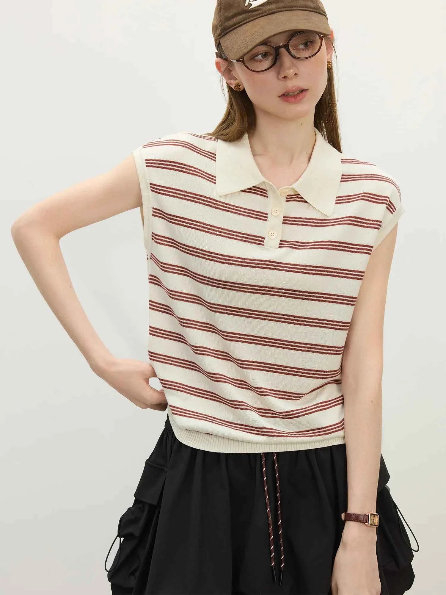 Women Casual Striped Knit Sleeveless Button Collar T-Shirt