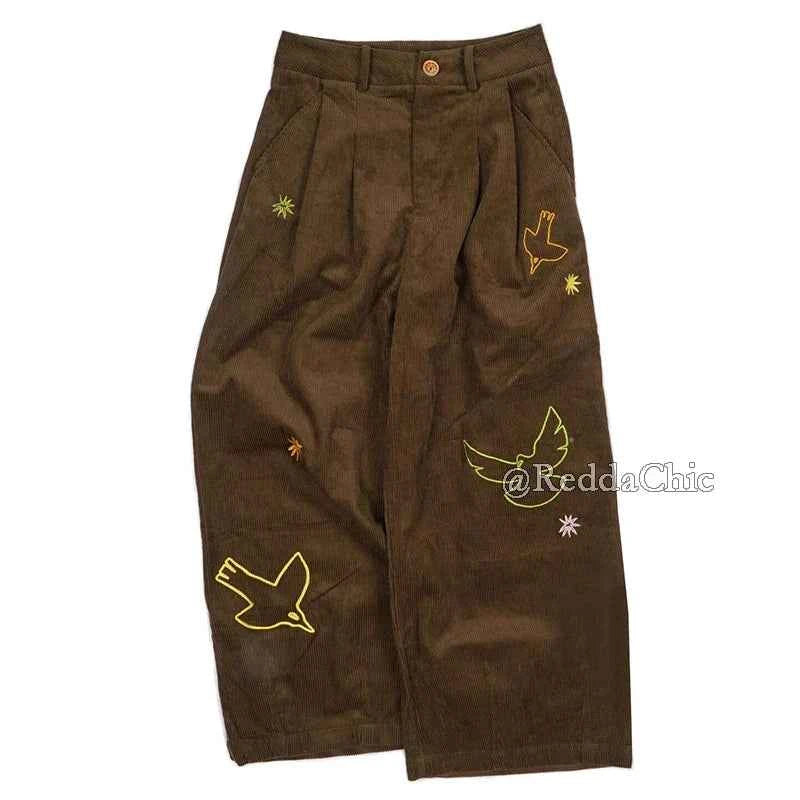 Embroidered Dove Brown Corduroy Pants